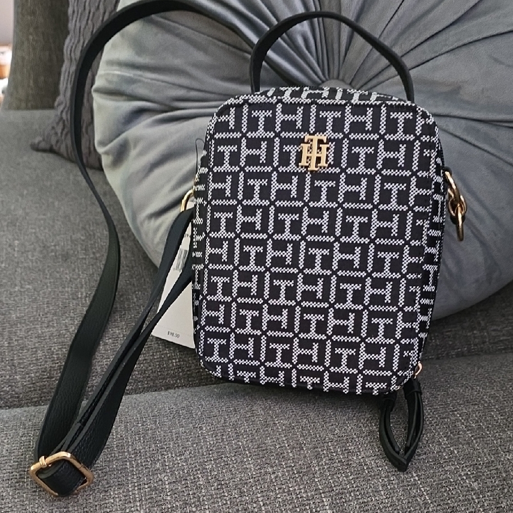 Tommy Hilfiger Black and White Geometric Crossbody Bag